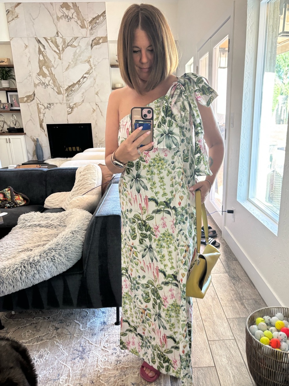 Olivia by Livro Floral One-Shoulder Maxi Dress in White and Green